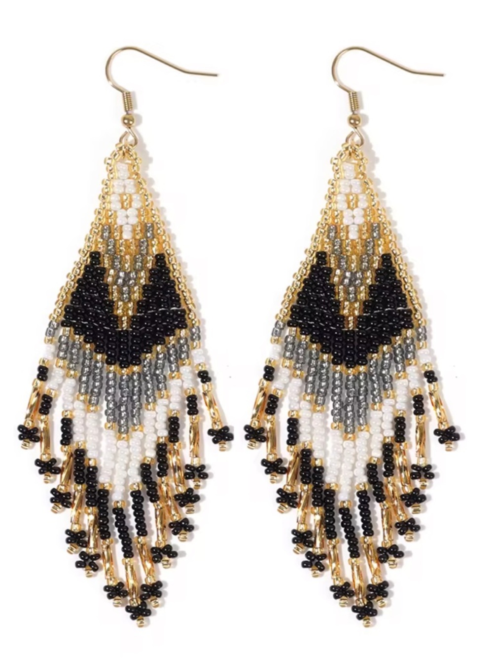 Gold, Black & Silver Beaded Fringe Drop Earrings